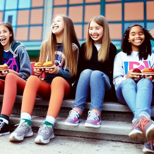  A girl at school with her friends eating launch