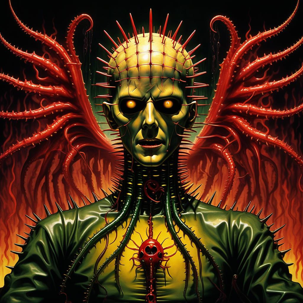  retro game art hellraiser in wings looks scary prickly red watch in yellow smoke and green sparks suction cups tentacles eyes all lower jaw sting tentacles claws and a terrible moan in red smoke . 16 bit, vibrant colors, pixelated, nostalgic, charming, fun