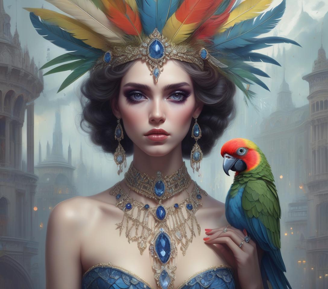  concept art hyper realistic, hyper detailed fantasy art; elegant, intricate, detailed, symmetrical face, accurate anatomy and eyes by tom bagshaw, magali villenueve; karol bak, of a beautiful woman with colorful parrot feather headdress and shoulder jewelry, diamonds, sapphires, insanely detailed, artgerm, wlop, tom bagshaw, magali villenueve; karol bak, photograph taken on nikon d750, intricate, digital illustration . digital artwork, illustrative, painterly, matte painting, highly detailed