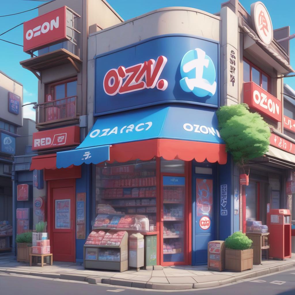  anime artwork view of a small store, the sign says the word "ozon", the design of the store in red and blue colors . anime style, key visual, vibrant, studio anime, highly detailed