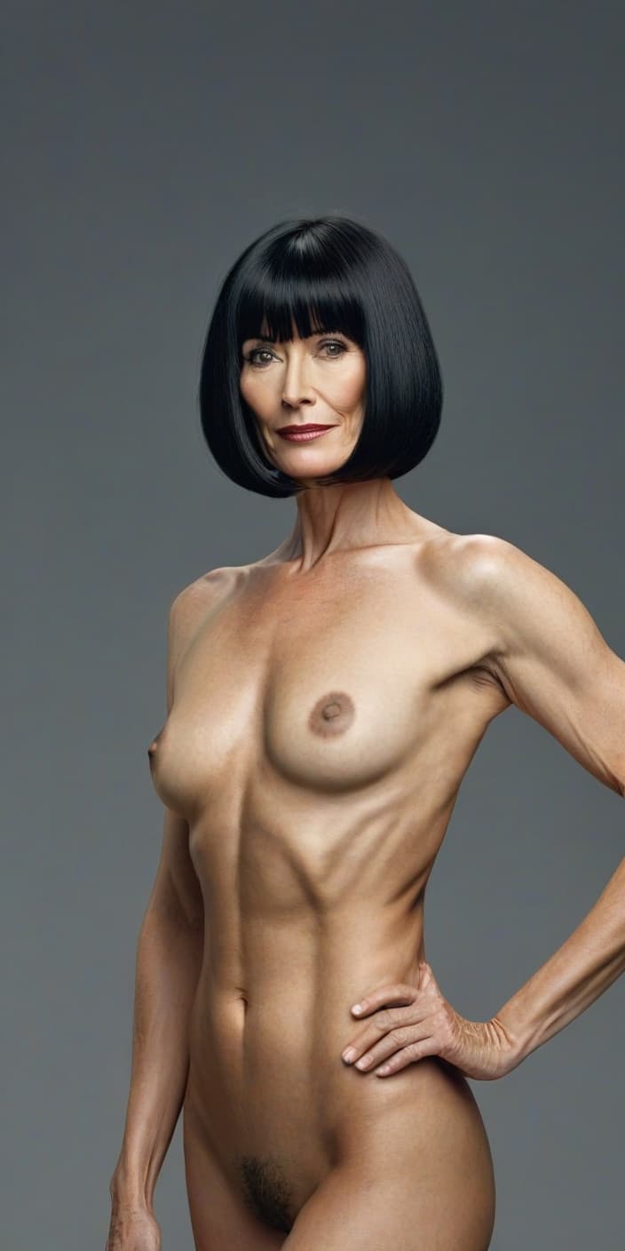  a naked mature business woman stands tall with black hair, straight bangs and a sharp bob haircut