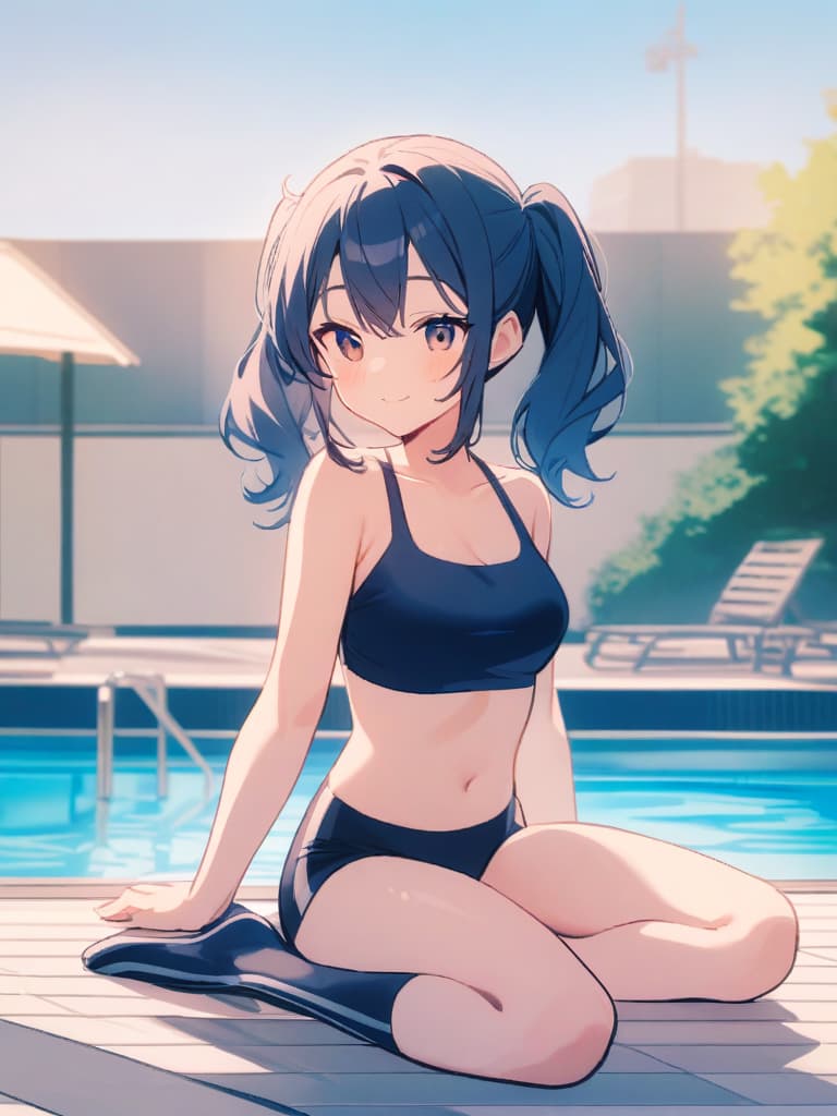  college of s, twin tails, cute smiles, navy blue hits, dark blue swimwear, dark blue , s' (double ual equipment, clear swelling), whole body, poolside,