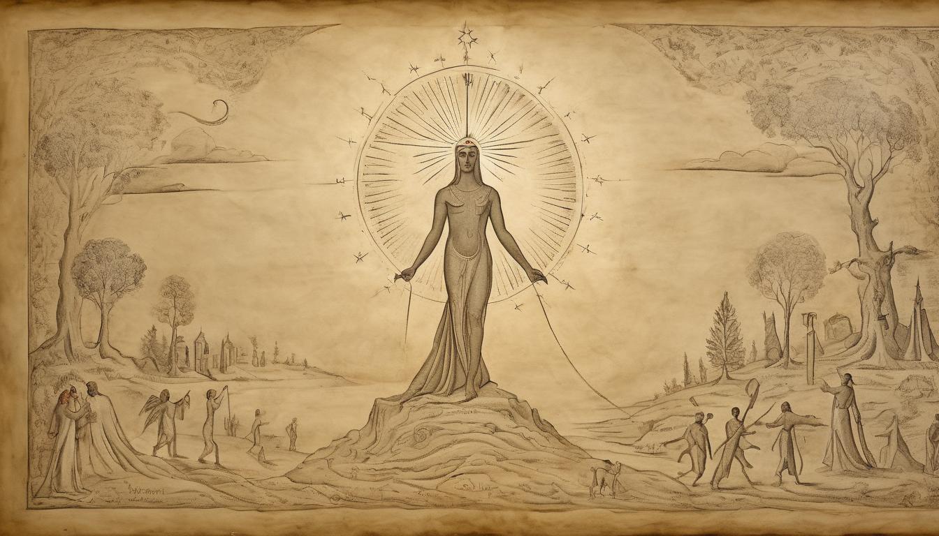  on parchment, surrealism++, radiant figure walking forward, celestial light guiding, divine provision, spiritual guardianship(mysterious, provocative, symbolic)++