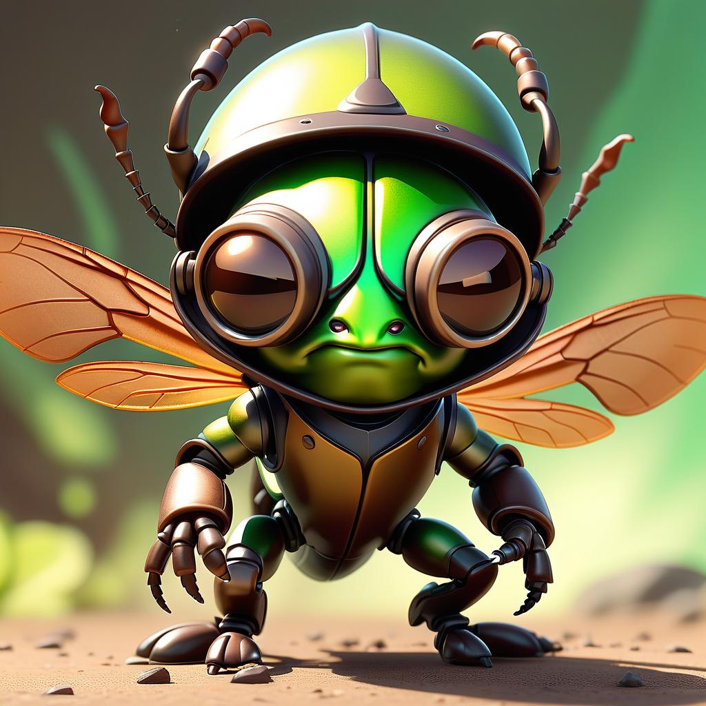  cute cartoon insect beetle character with a green body, big expressive eyes and a smile on his lips. on his head he has a huge brown helmet with goggles, giving him an adventurous look. the insect beetle stands confidently holding a blaster, he has graceful wings and long tendrils. the background is simple and bright inside the starship to emphasize the charm of the funny character with the weapon.