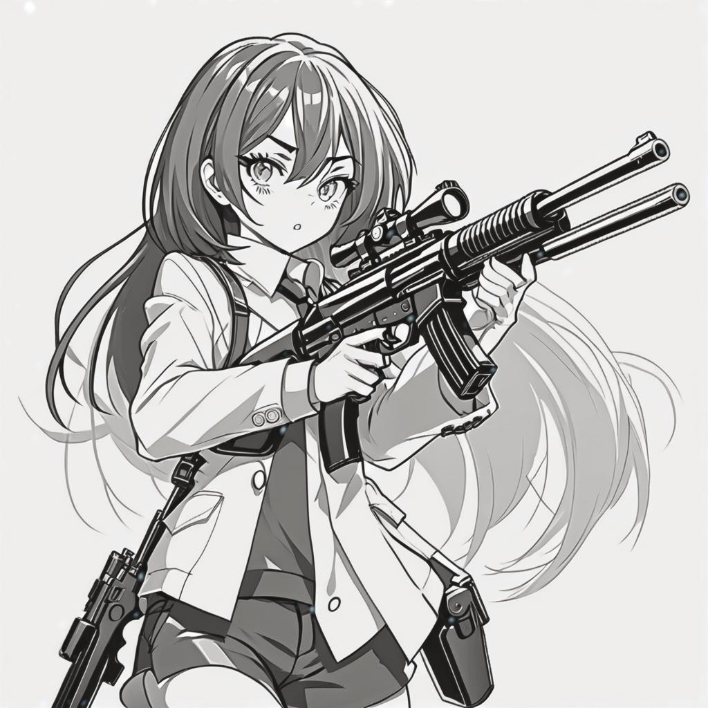  line art drawing girl shot with huge gun, battle pose, same nightmare. anime style . professional, sleek, modern, minimalist, graphic, line art, vector graphics