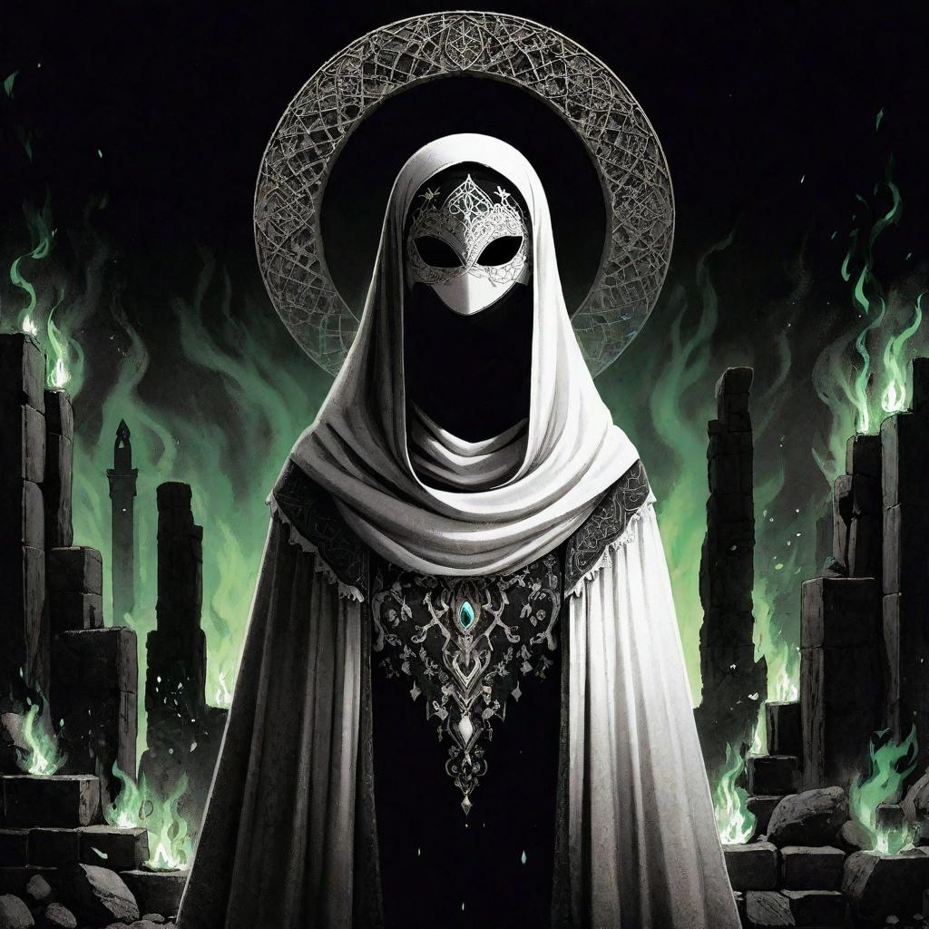  manga artwork feminine sillouete with a white garment and hijab, wearing a white mask, the background has stone ruins and green flames. rpg anime style . manga artist. manga, highly emotional. best quality, high resolution