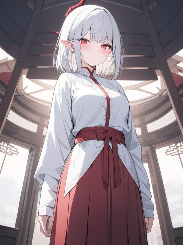  there are horns, girls, sharp ears, hakama, hanging, short hair, white hair, dragon's daughter, red and white hakama, red eyes, masterpiece, best quality,8k,ultra detailed,high resolution,an extremely delicate and beautiful,hyper detail