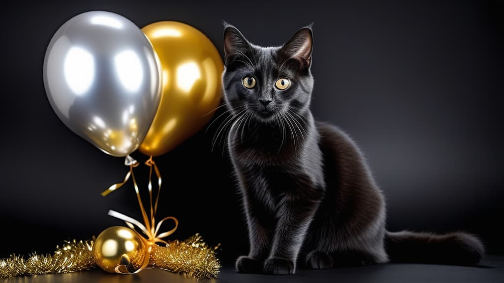  Christmas cat. Cat with gold and silver foil balloons. Black kitten on a Christmas festive black background. ar 16:9 high quality, detailed intricate insanely detailed, flattering light, RAW photo, photography, photorealistic, ultra detailed, depth of field, 8k resolution , detailed background, f1.4, sharpened focus