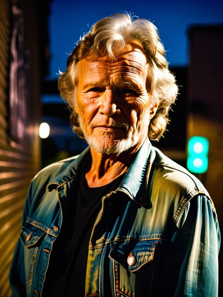  A portrait of Country singer, Kris Kristofferson, medium shot, upper body, spotlight, long exposure lighting, street art style spray paint, glamour lighting