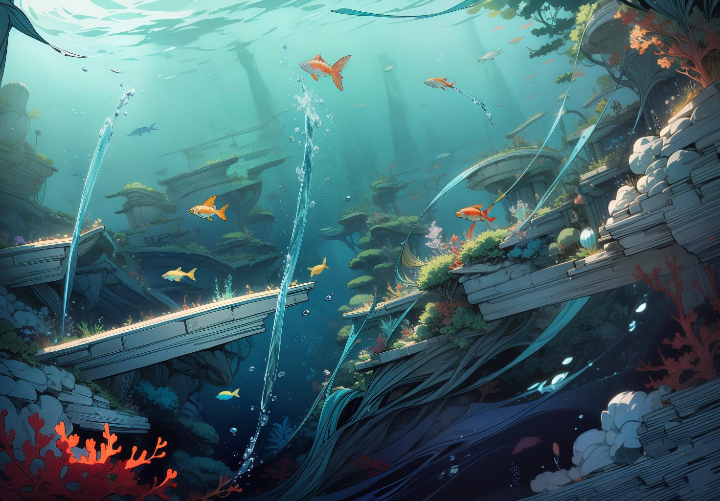  best quality, masterpiece, elegant line art, blue theme, fish, solo, dynamic lines, intricate line work, smooth and flowing lines, artistic composition, high detail, exquisite design, harmonious, vibrant and dynamic, 8k resolution, crisp and clear, minimalist, refined line art, graceful fish, colorful coral, lush water plants, underwater scenery, detailed background elements, vibrant aquatic environment