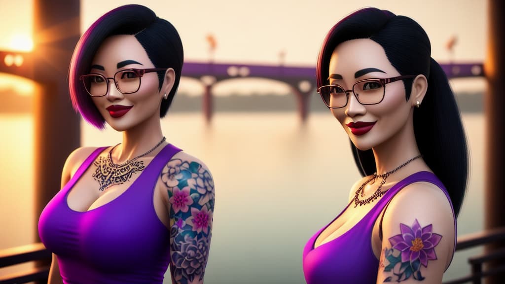  3D render of a Thai woman with tattoos standing on a bridge, smile, breasts, black hair, navel, large breasts, lipstick, outdoors, glasses, purple short shorts, black single hair bun with hairpin, (white tank top), optic glasses, sunset, open fly, (colorful tattoos:1.3) hyperrealistic, full body, detailed clothing, highly detailed, cinematic lighting, stunningly beautiful, intricate, sharp focus, f/1. 8, 85mm, (centered image composition), (professionally color graded), ((bright soft diffused light)), volumetric fog, trending on instagram, trending on tumblr, HDR 4K, 8K