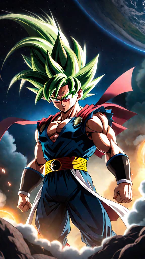  anime art: bardock from dragon ball launching baby goku to earth, ensuring the survival of a great warrior. hyperrealistic, full body, detailed clothing, highly detailed, cinematic lighting, stunningly beautiful, intricate, sharp focus, f/1. 8, 85mm, (centered image composition), (professionally color graded), ((bright soft diffused light)), volumetric fog, trending on instagram, trending on tumblr, HDR 4K, 8K