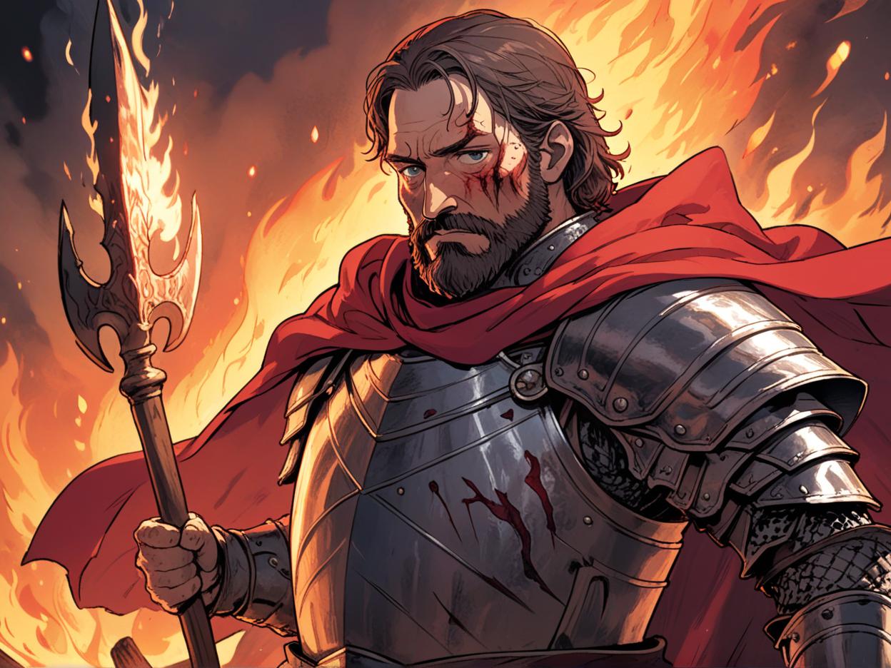  manga artwork a ragged middle aged stern male knight with a rugged beard and burn scars on his face standing in front of a fire while wielding a spear, wearing a red cape. manga artist. manga, highly emotional. best quality, high resolution