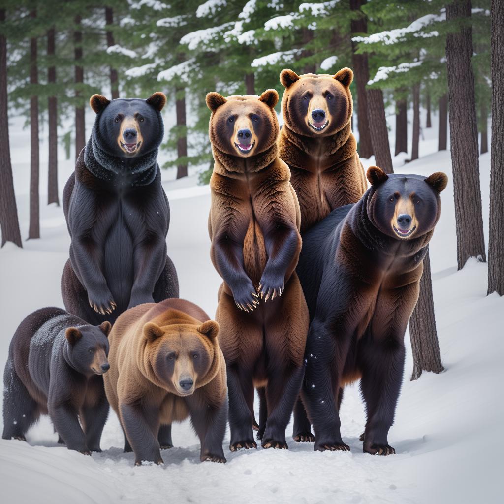  3 bears in the snow hyperrealistic, full body, detailed clothing, highly detailed, cinematic lighting, stunningly beautiful, intricate, sharp focus, f/1. 8, 85mm, (centered image composition), (professionally color graded), ((bright soft diffused light)), volumetric fog, trending on instagram, trending on tumblr, HDR 4K, 8K