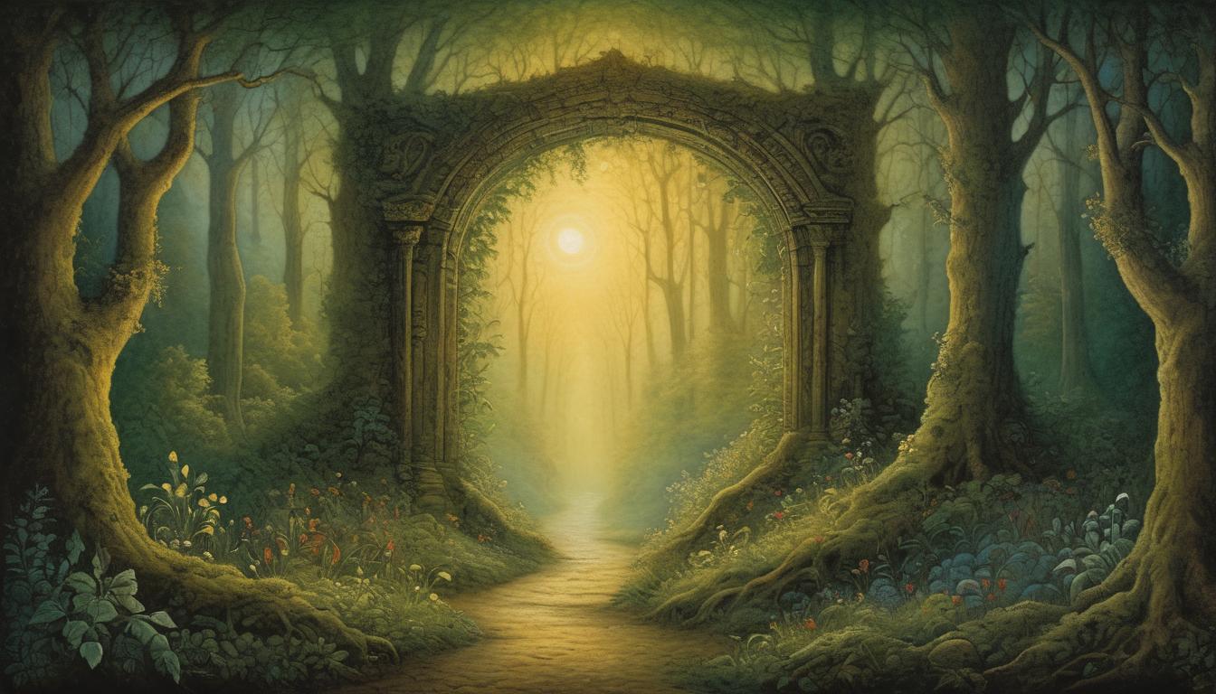  on parchment, surrealism++, a shimmering doorway in the middle of a dense forest, glowing with ethereal light, pathway leading to the unknown, mystical and inviting, twilight scene(mysterious, provocative, symbolic)++