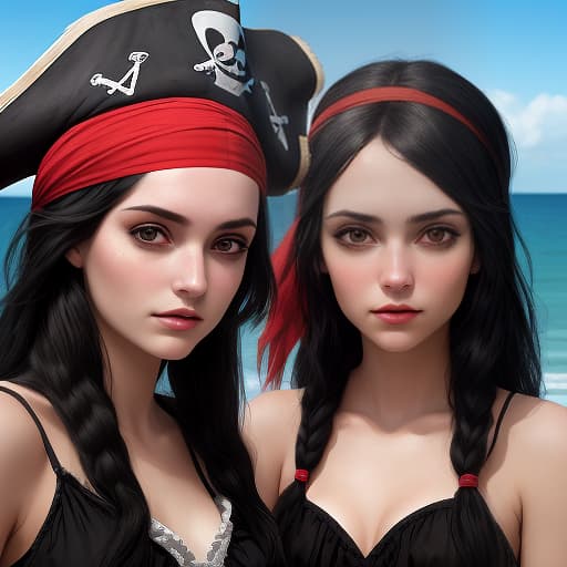  two pirate girls very close up with straight black hair, against the sea