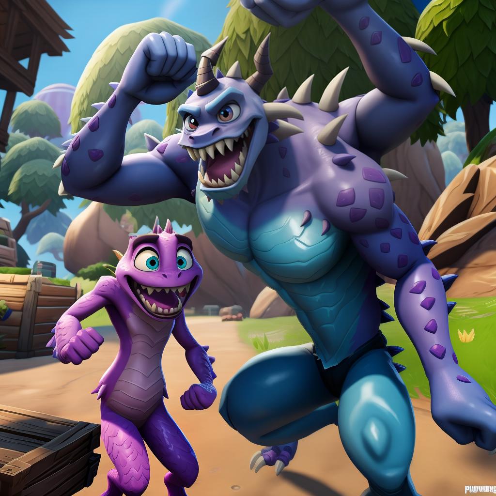  Scary monster (monsters inc, Fortnite), full body, punch, open eyes, masterpiece, 4k, fine details,