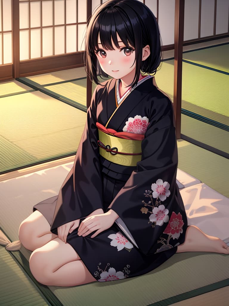  masterpiece,japanese room,tatami,kimono,little girl,black hair,young,sitting on the floor,realistic,quality,8k