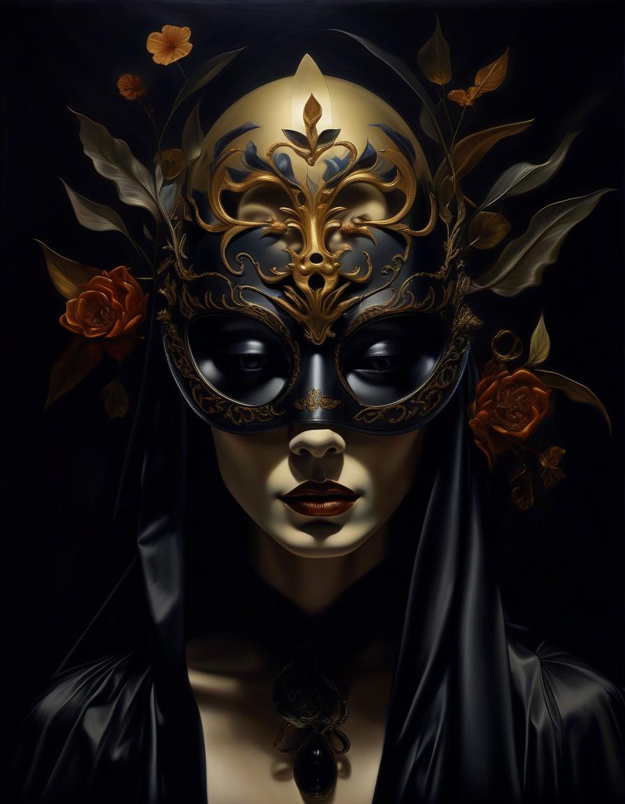  (masterpiece:1 8, oil painting:1.5).(surrealism inspired by hedy xandt:1.4), which depicts a woman wearing a mysterious mask, symbolizing the merging of life and death. this fantasy work of art combines fantasy elements, dramatic lighting and a mystical atmosphere where reality and the supernatural intertwine. surrealism and dark fantasy. in style aфnato finnstark.