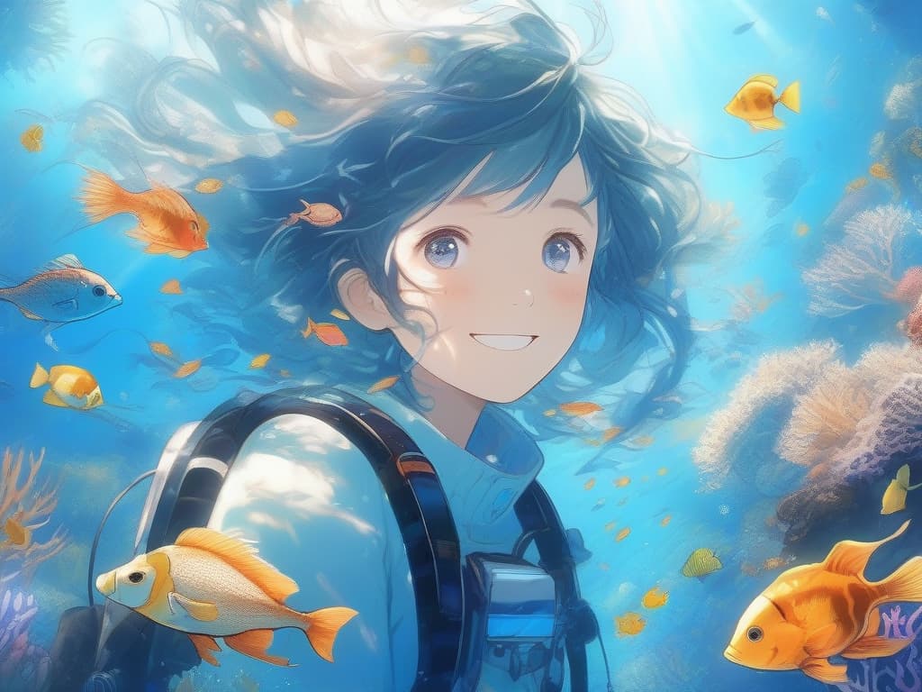  in the sea, scuba, fantastic, blue haired shortcut girls, cute, girls, smiles, tropical fish, coral, sunlight, masterpiece, best quality,8k,ultra detailed,high resolution,an extremely delicate and beautiful,hyper detail