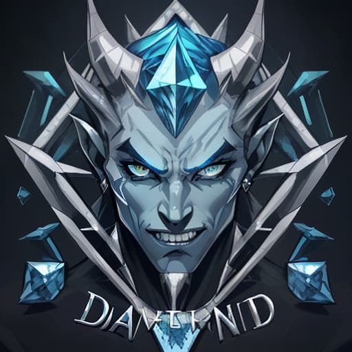  diamond devil, portrait. dark green eyes, man. hair gray. with fangs and horns. colors blue, blue, silver