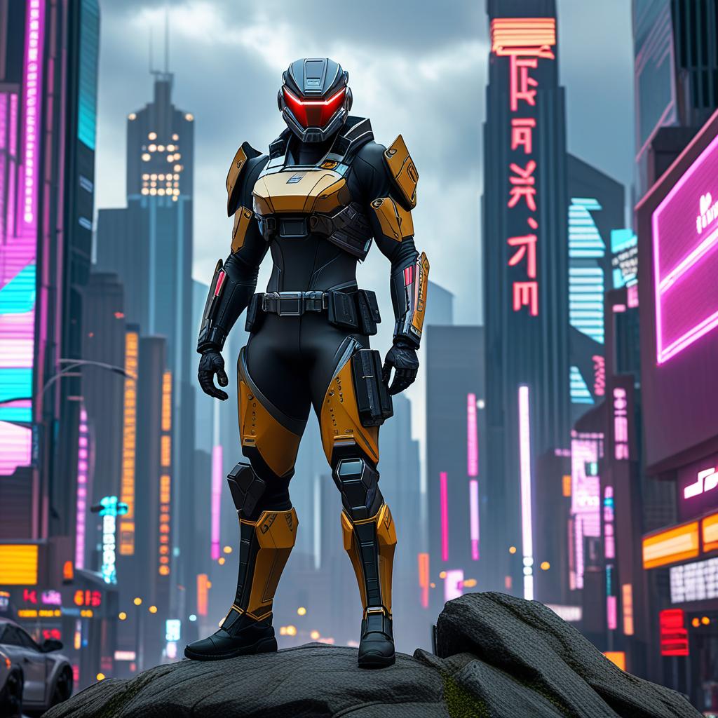  best quality, hd, “a bounty hunter with a rugged, cybernetic look, including a high tech visor and armored clothing. the avatar should have a confident stance and a cityscape background with neon lights and towering skyscrapers. hyperrealistic, full body, detailed clothing, highly detailed, cinematic lighting, stunningly beautiful, intricate, sharp focus, f/1. 8, 85mm, (centered image composition), (professionally color graded), ((bright soft diffused light)), volumetric fog, trending on instagram, trending on tumblr, HDR 4K, 8K