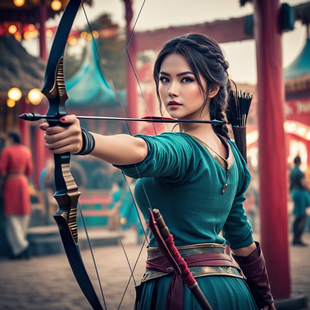  female archer in casual, bloody clothes at fantasticland amusement park, golden road, shops all around., cinematic film style, shallow depth of field, vignette, highly detailed, high budget, bokeh, cinemascope, moody, epic, gorgeous, film grain, grainy