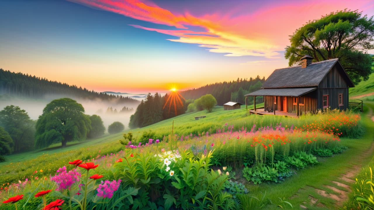  a serene landscape featuring a patchwork of untouched land with a rustic wooden cabin, wildflowers blooming, and a small vegetable garden, surrounded by rolling hills and a clear blue sky, depicting urban homesteading potential. hyperrealistic, full body, detailed clothing, highly detailed, cinematic lighting, stunningly beautiful, intricate, sharp focus, f/1. 8, 85mm, (centered image composition), (professionally color graded), ((bright soft diffused light)), volumetric fog, trending on instagram, trending on tumblr, HDR 4K, 8K