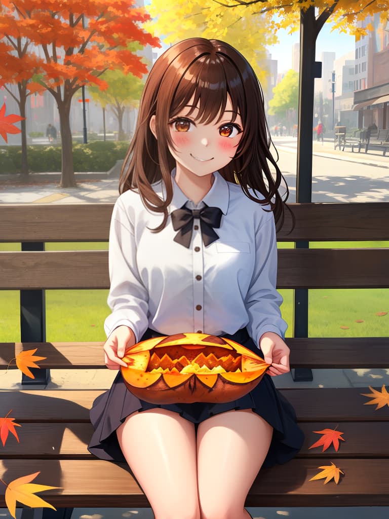  a masterpiece,a girl,eating a baked sweet potato,smiling,biting a sweet potato,sitting on a bench,steam,dancing autumn leaves,park in the background,