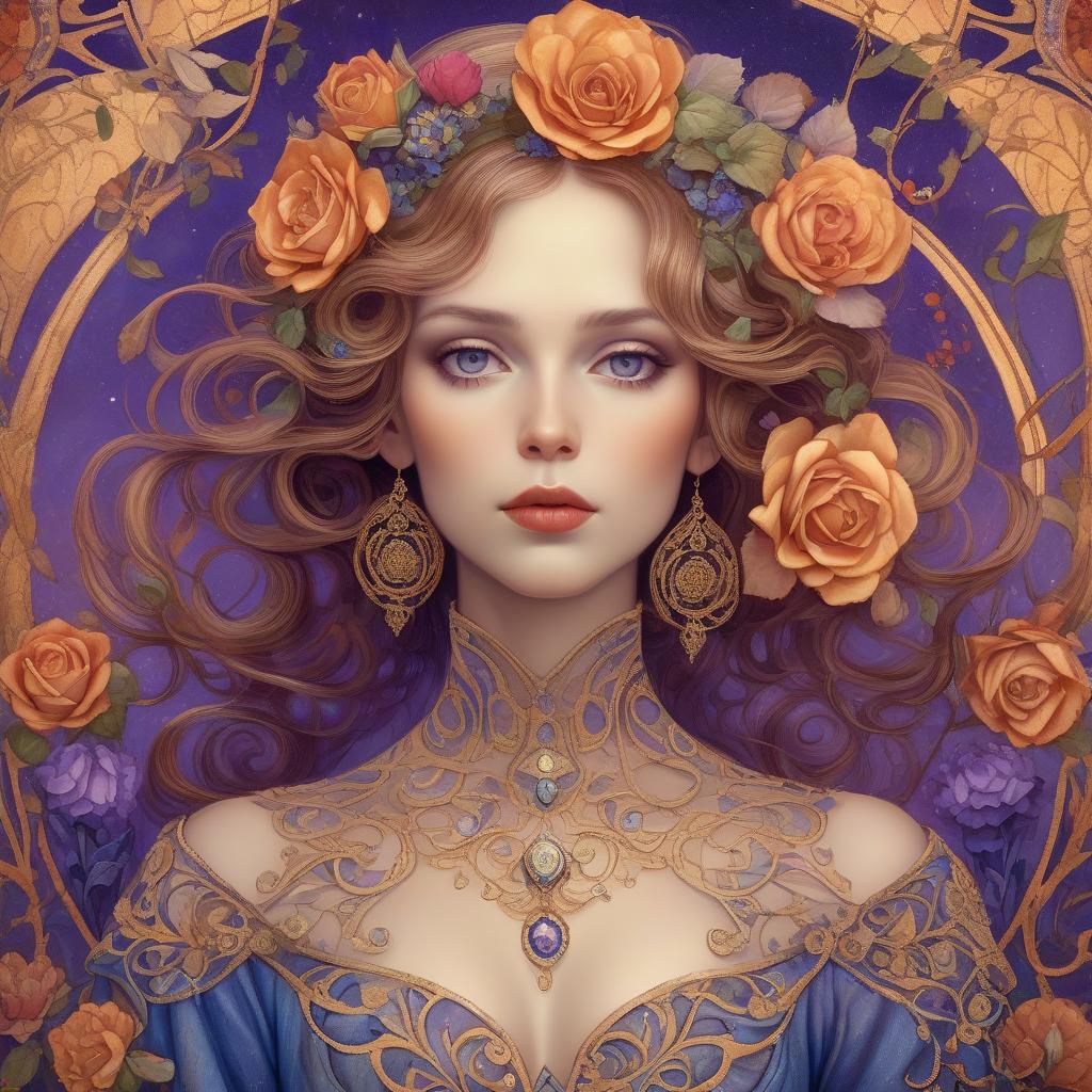  art nouveau style a close up full body portrait of an stylish beautiful woman dressed in klimt style with a beautiful and very detailed face,style of jean baptiste monge, van gogh style, so many kind of flowers ,roses, klimt style. sunset. background, masterpiece, use shades of purple , blue, red and green best quality, super detailed, high resolution, very detailed, 8k uhd, realistic, (natural light), amazing, fine details, best, high quality, raw photo. arte nova. ember filigree and lace. . elegant, decorative, curvilinear forms, nature inspired, ornate, detailed