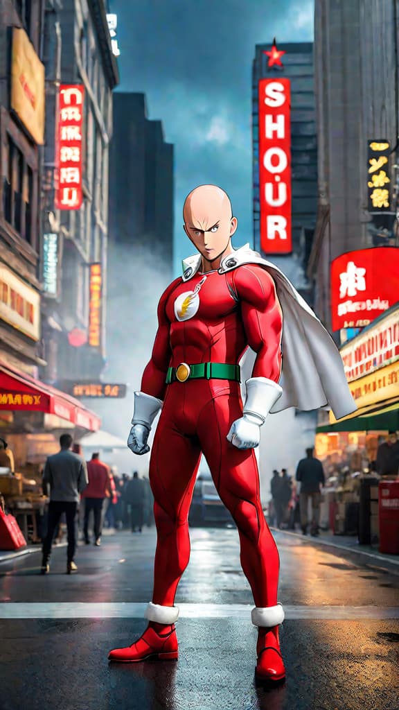  anime art: saitama as a b class hero with hidden s class potential amidst conspiracy theories. hyperrealistic, full body, detailed clothing, highly detailed, cinematic lighting, stunningly beautiful, intricate, sharp focus, f/1. 8, 85mm, (centered image composition), (professionally color graded), ((bright soft diffused light)), volumetric fog, trending on instagram, trending on tumblr, HDR 4K, 8K