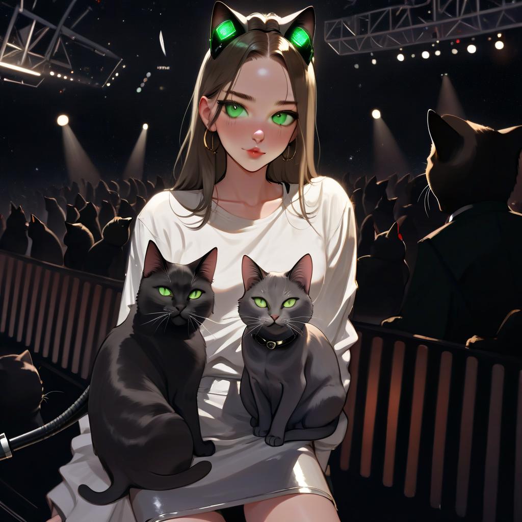  girl with dark green eyes, two cats, space, spotlights, view from the stage, microphone, music, royal grace