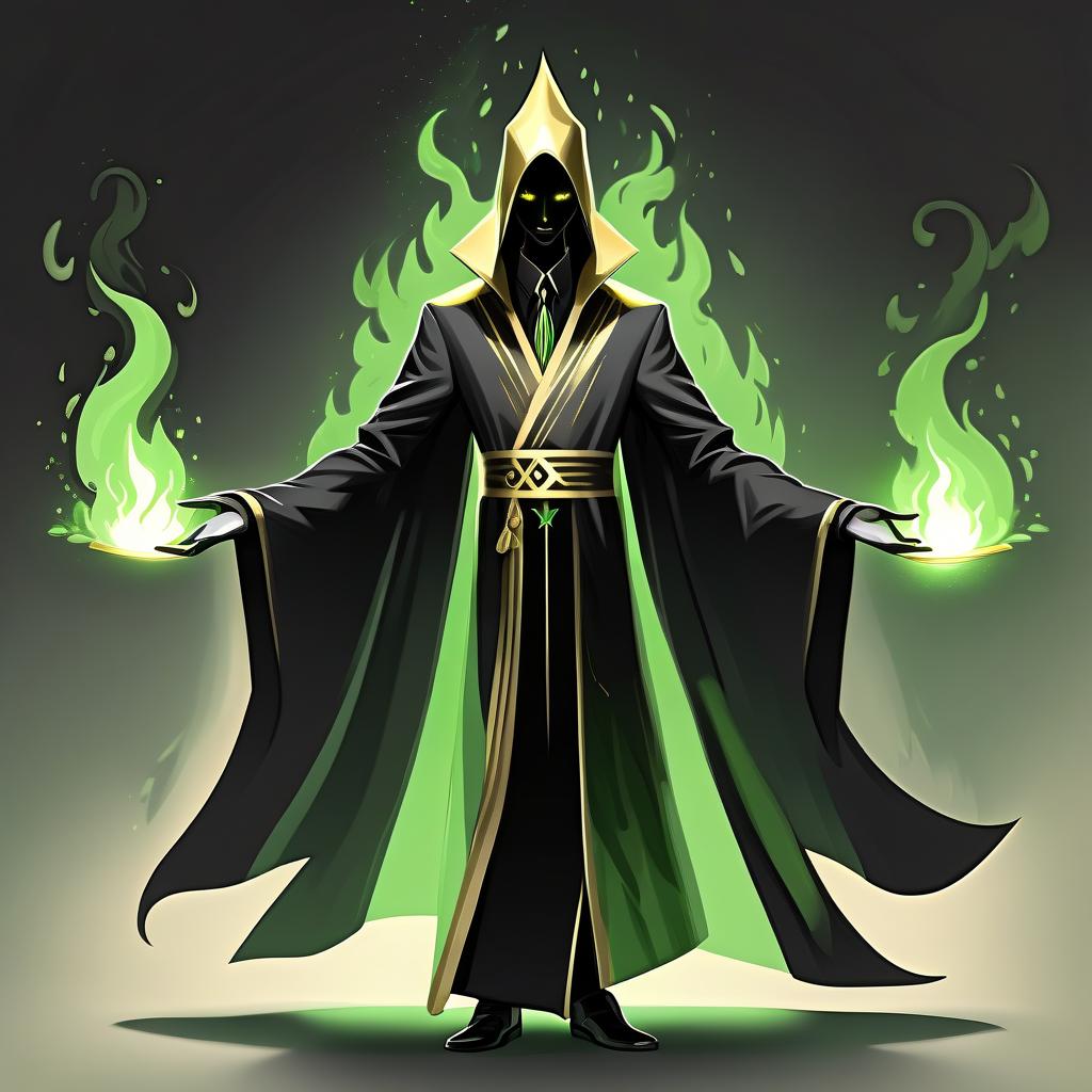  minimalist style a magician in a black and gold robe, a green fire with eyes instead of a head. . simple, clean, uncluttered, modern, elegant