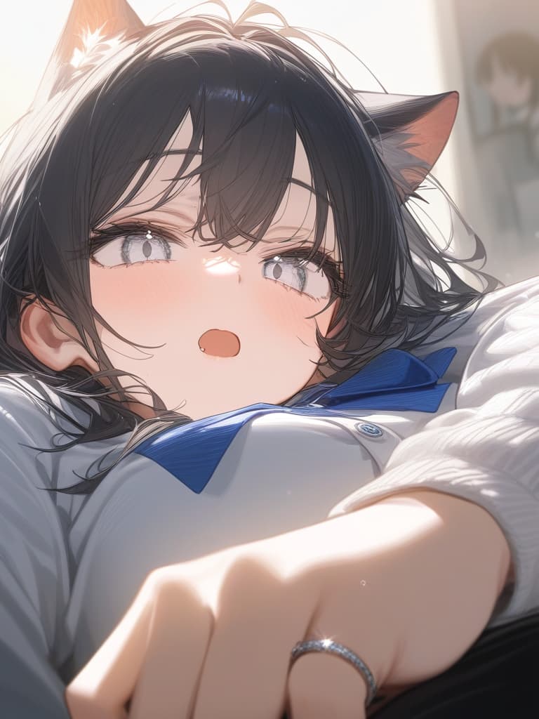  girls, jit, cat eyes, girls, gags, white shirts, blue ribbon uniforms, sweater cardigan, black hair, pierced, silver ring, white eyes, white eyes, masterpiece, best quality,8k,ultra detailed,high resolution,an extremely delicate and beautiful,hyper detail