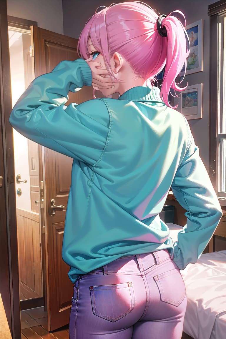  r 18, , middle , ,random situation, pink haired ,ponytail,large eyes,A woman, interrupted while changing clothes in her bedroom, stands with her back to the camera, one hand raised to cover her face, partially shielding her expression of surprise. She wears a simple white and a pair of blue jeans, her shirt discarded beside her. BREAK Subject: woman, surprised expression, partially covering face BREAK Clothing: white , blue jeans BREAK Pose/camera: standing with back to camera, hand raised to cover face BREAK Background: bedroom, unmade bed,