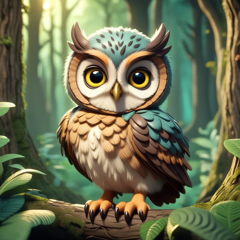  A cute adorable baby owl rendered in the style of child friendly cartoon animation fantasy style background of lush forest