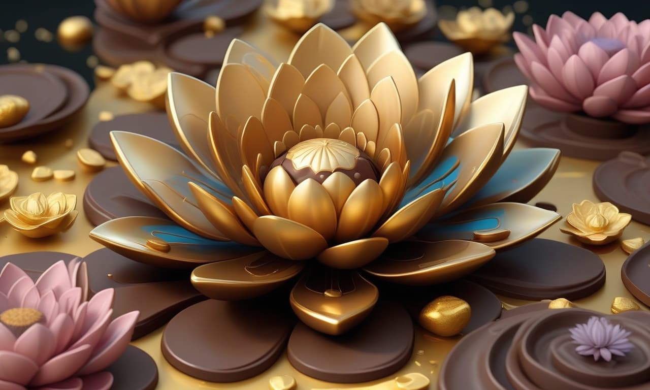  style realistic bright oil pattern 3d a large magical flower made of chocolate, similar to a lotus, with large high petals, magical fireflies fly around, gold bars lie nearby, around a futuristic landscape