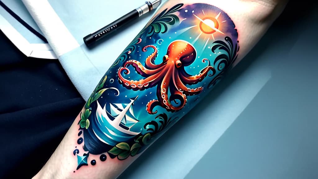  octopus seafaring compass arm sleeve , (tattoo:1.15), hq, hightly detailed, 4k