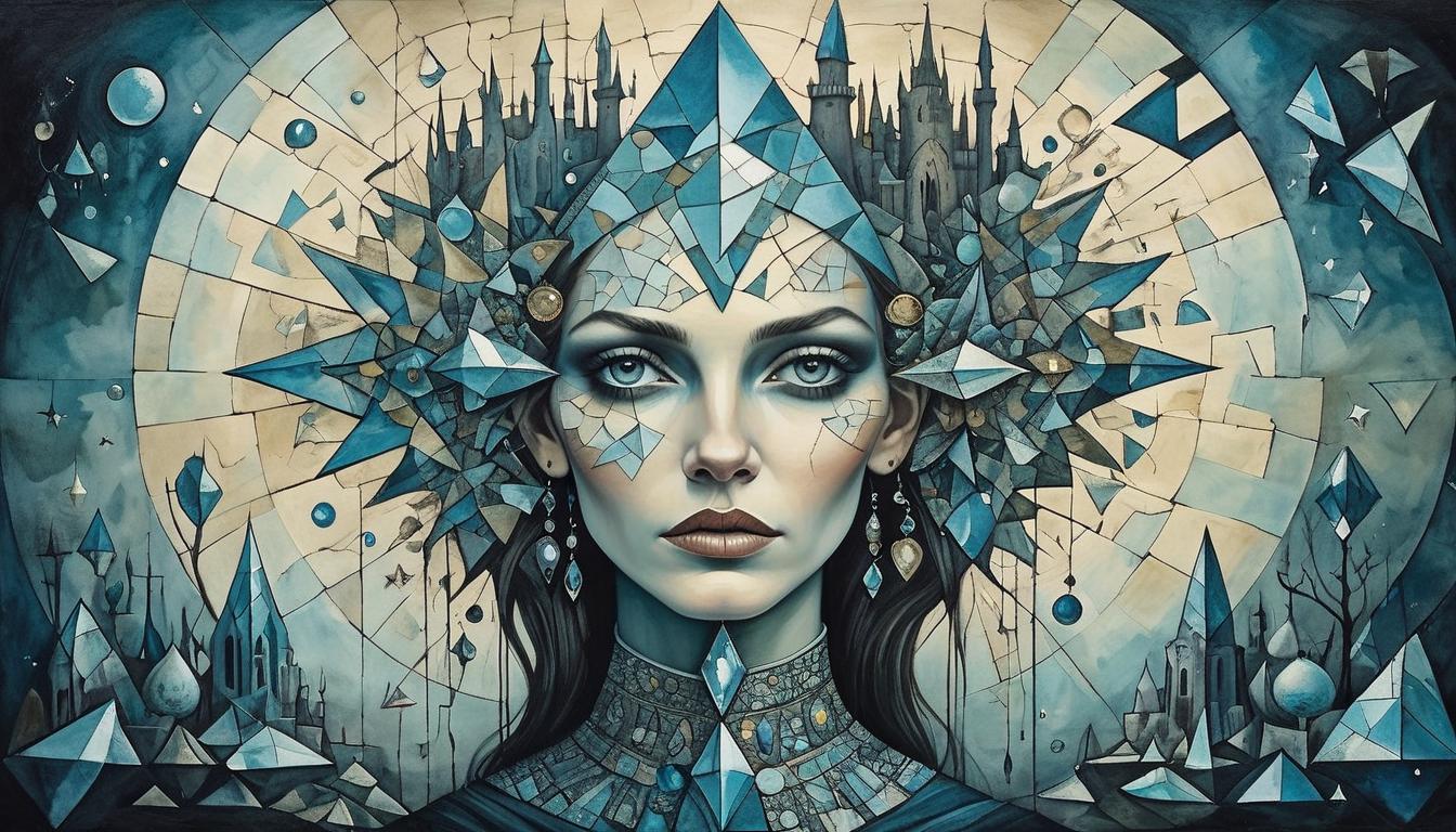  on parchment, surrealism+++, shards of broken mirror reflecting myriad expressions, shattered illusions, mosaic of revelations, complexity and depth, intricate details, fragmentary perceptions, awakening.(mysterious, provocative, symbolic,muted color)+++