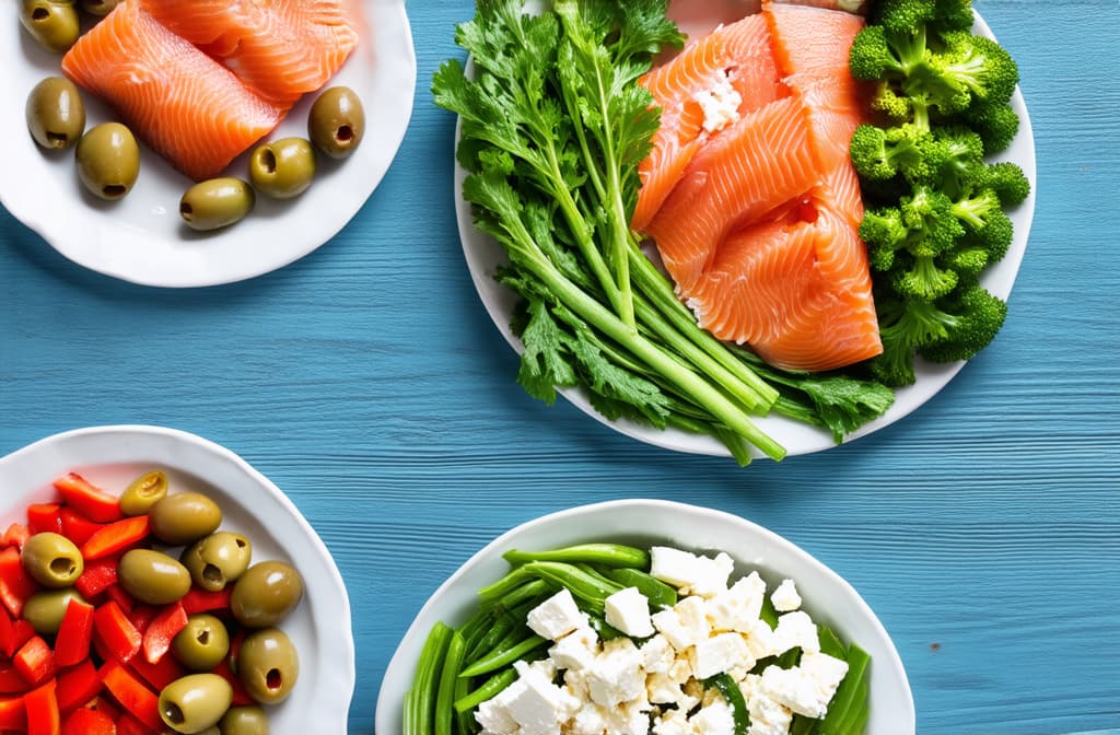  professional detailed photography, mediterranean diet. olives, red fish, feta cheese pieces, vegetables, greens in white plates on a wooden blue table, top view ar 3:2, (muted colors, dim colors, soothing tones), (vsco:0.3)