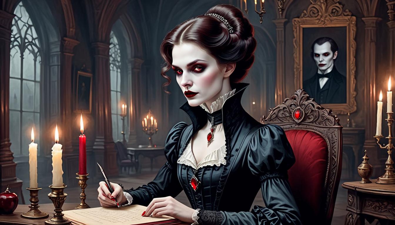  on parchment, surrealism+++, vampire in a candlelit room, victorian attire, pale skin, red eyes, luxurious surroundings(mysterious, provocative, symbolic,muted color)+++