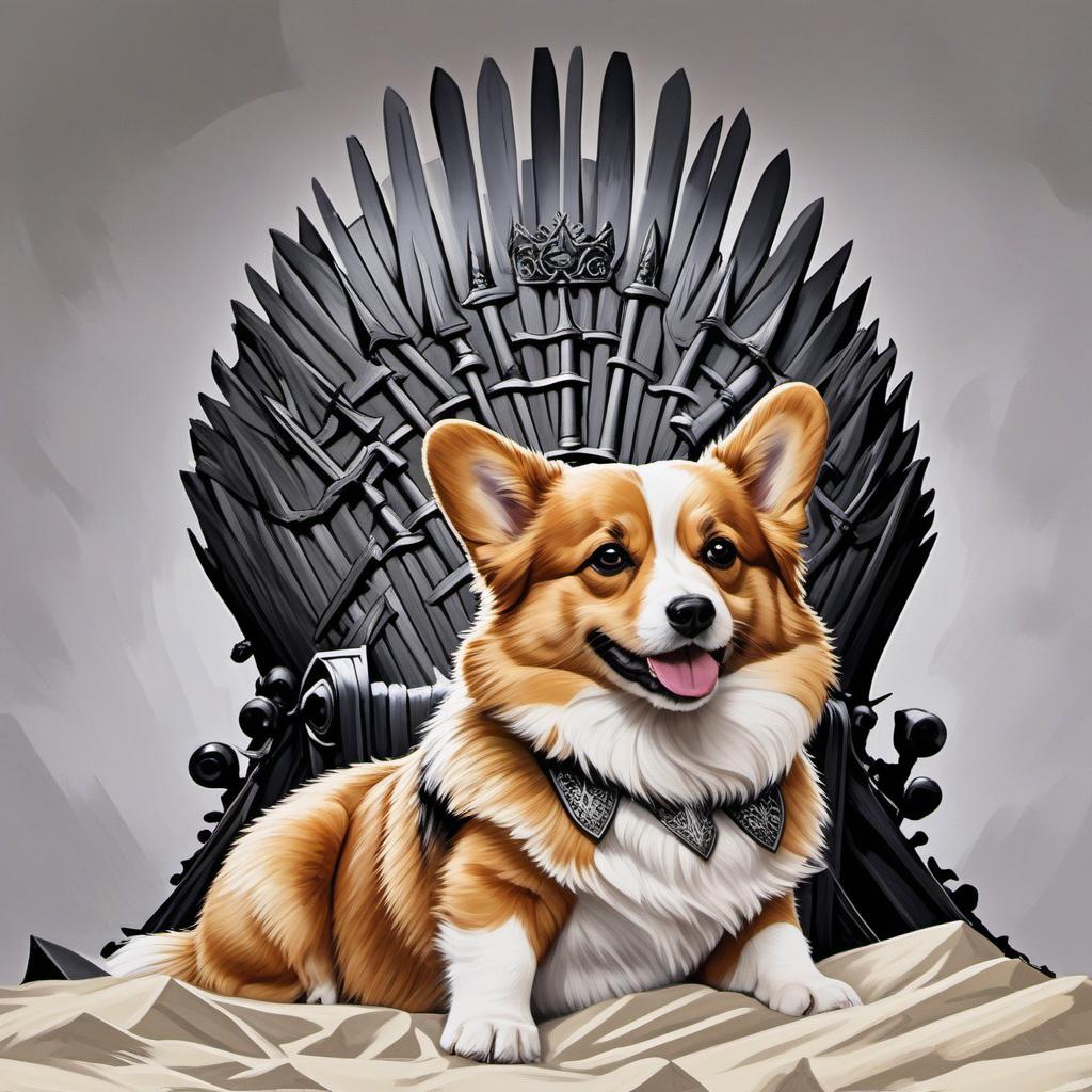  a corgi sitting on the iron throne from “game of thrones”, painting style