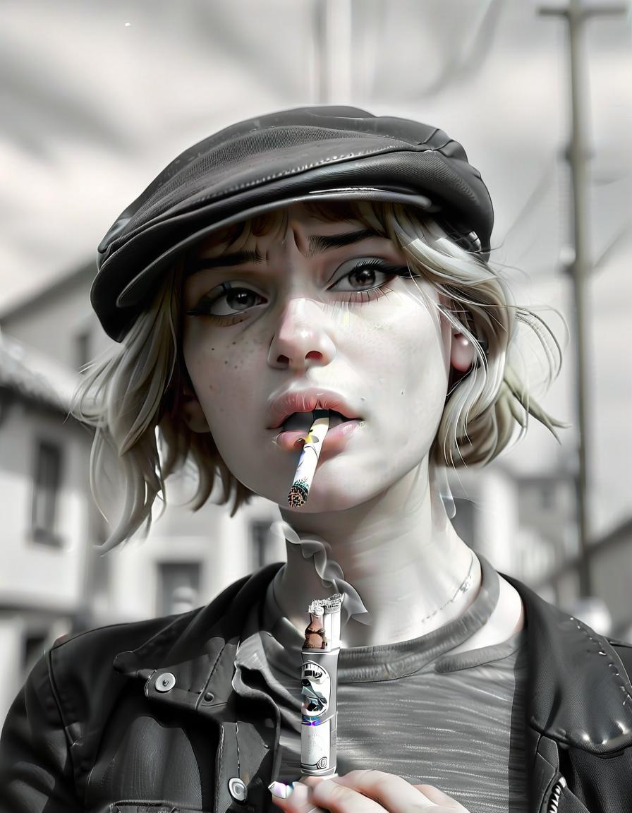  hdr photo of girl, black and white filter. cigarette, twenties, bandit's cap, european appearance . high dynamic range, vivid, rich details, clear shadows and highlights, realistic, intense, enhanced contrast, highly detailed, perfecteyes, film photography style