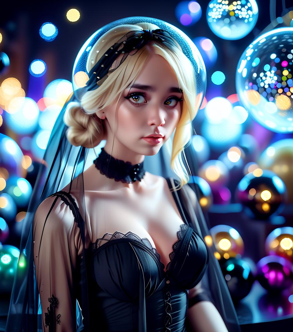  cinematic photo the girl is blonde, in a black top, a black veil on her head, a large bust, against the background of magic balls. . 35mm photograph, film, bokeh, professional, 4k, highly detailed, perfecteyes, hkmagic, glowneon