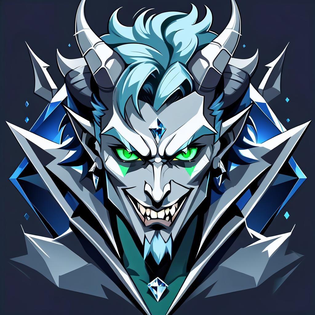  minimalist style diamond devil, portrait. dark green eyes, man. kind. hair gray. with fangs and horns. colors blue, blue, silver . simple, clean, uncluttered, modern, elegant