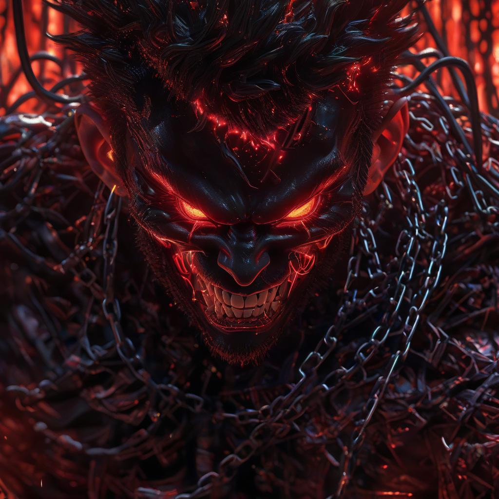  hyperrealistic art anime demon surrounded by chains . extremely high resolution details, photographic, realism pushed to extreme, fine texture, incredibly lifelike, glowneon, hkmagic