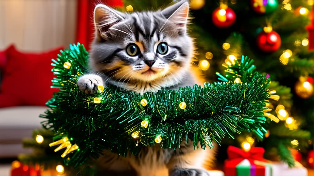  funny surprised kitten gray white scottish fluffy kitten all wrapped up from head to paws tangled in led garland, paws trying to get the garland off, lumen lighting, professional photo ultra realism pixel graphics mega realistic, glitter, pastel colors, on the background of christmas living room christmas tree, colors: silver+opal+amethyst, hyper realistic] ar 16:9 {prompt}, maximum details