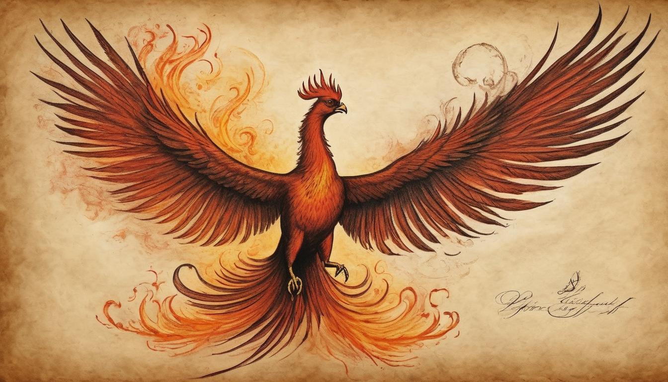  on parchment, surrealism++, a phoenix bursting into flight from ashes, radiant feathers, fiery transformation, rebirth, power(mysterious, provocative, symbolic)++