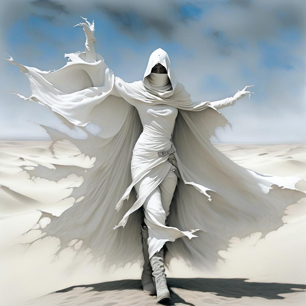  macabre style fantasy girl in a white scarf on the lower part of her face, in a white, white ragged, leaky cloak, in white gloves. black and steel buckle on the chest, on the cloak. . dark, gothic, grim, haunting, highly detailed