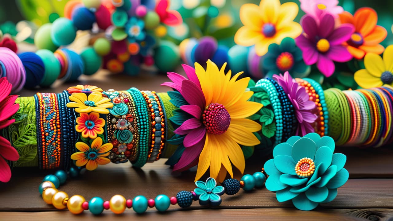  a vibrant display of various beadwork styles: intricate bead embroidered flowers, colorful woven bracelets, and sparkling beaded necklaces, arranged artfully on a wooden surface, showcasing diverse textures and patterns against a soft, natural background. hyperrealistic, full body, detailed clothing, highly detailed, cinematic lighting, stunningly beautiful, intricate, sharp focus, f/1. 8, 85mm, (centered image composition), (professionally color graded), ((bright soft diffused light)), volumetric fog, trending on instagram, trending on tumblr, HDR 4K, 8K